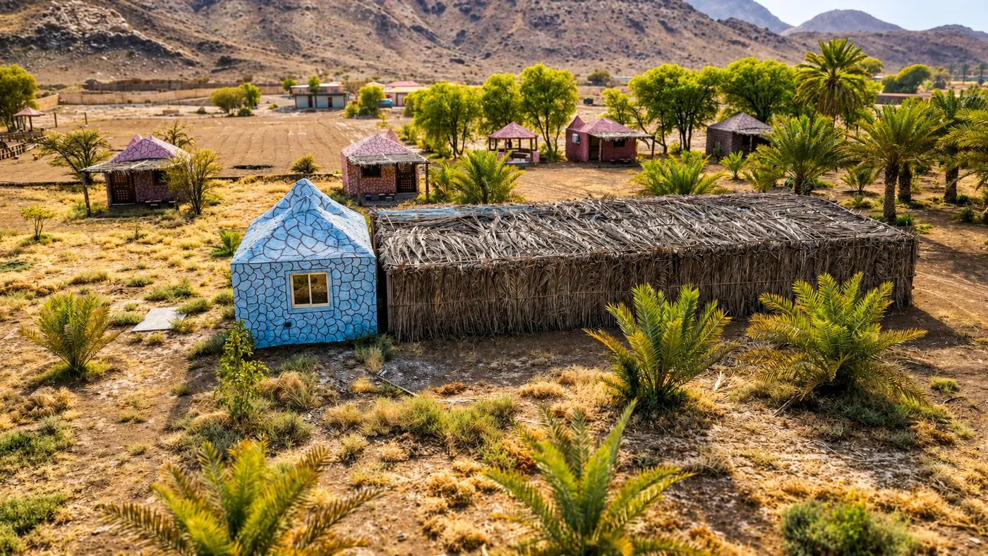 Painted huts and a palm-frond shelter in the gardens