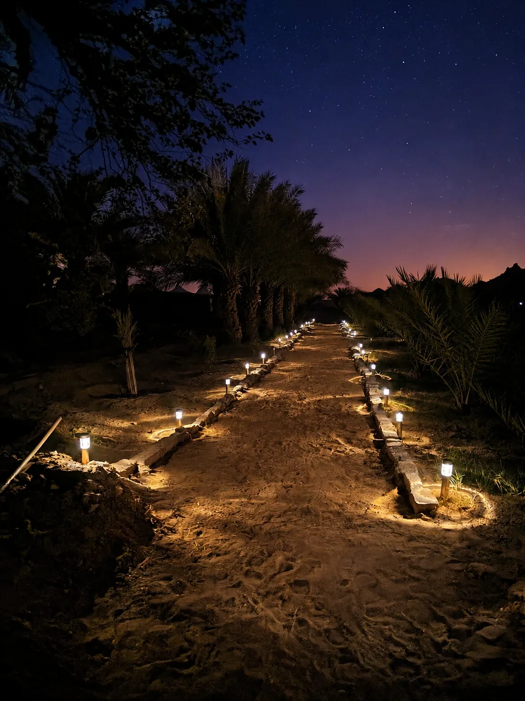 The lantern-lit path through the palms after dark